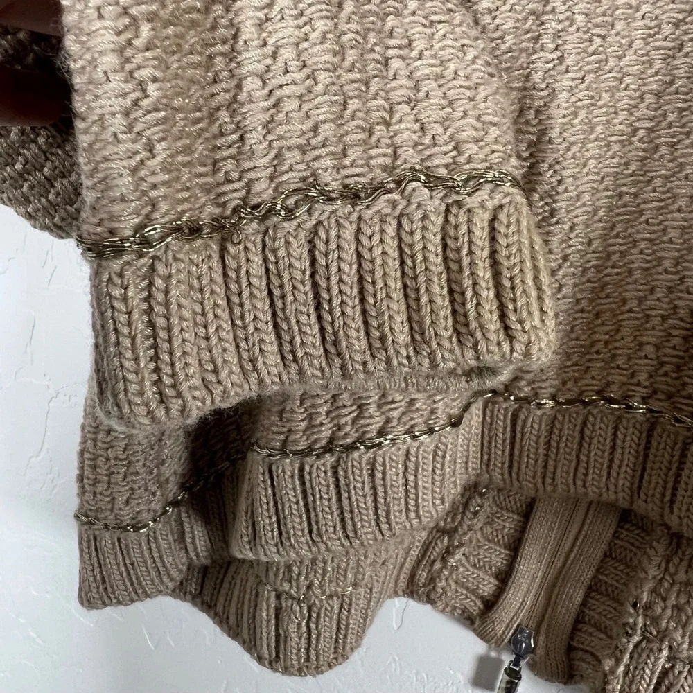 St John Couture Tan Knit Zip Jacket Metallic Trim Silver Buttons Size 16 USA